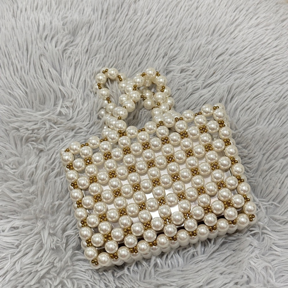 Cream and Gold Mini Beaded Bag with Checkerboard Design
